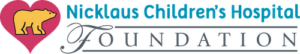 Logo of Nicklaus Children's Hospital Foundation featuring a yellow bear silhouette inside a pink heart on the left, with 'Nicklaus Children's Hospital' in teal text and 'FOUNDATION' in gray text to the right.